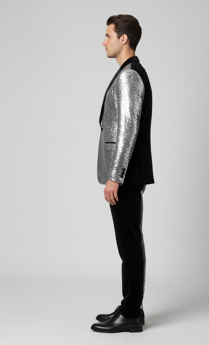 Half-Black Half-Silver Sequin Party Suit for Men