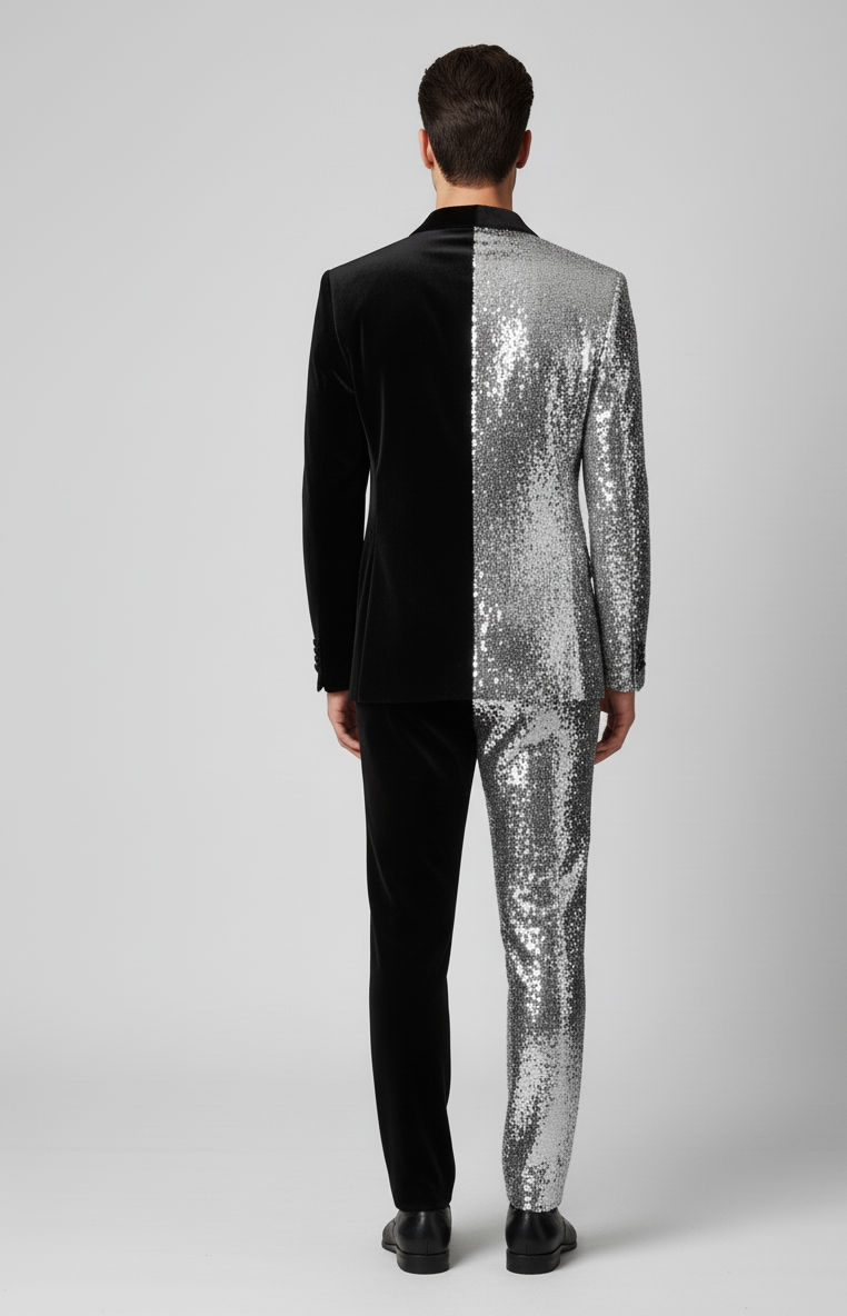 Half-Black Half-Silver Sequin Party Suit for Men