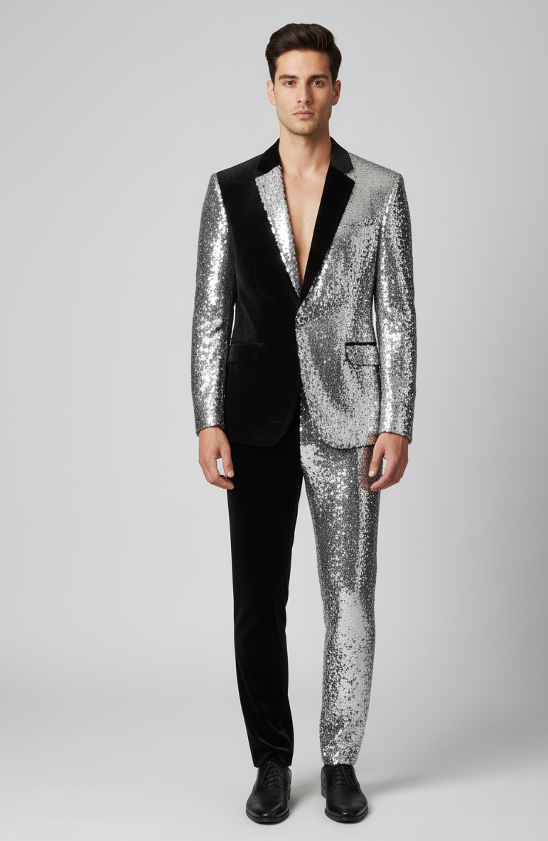 Half-Black Half-Silver Sequin Party Suit for Men