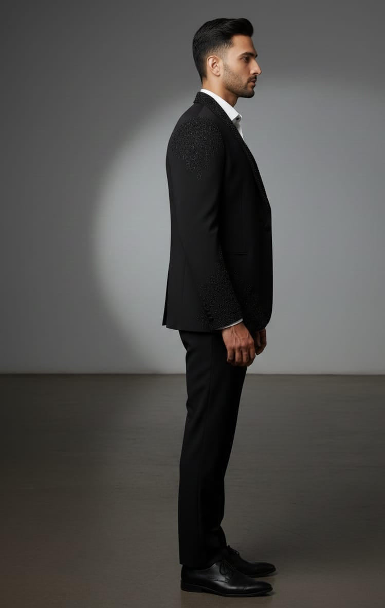Elegant Black Embroidered Three-Piece Suit for Men