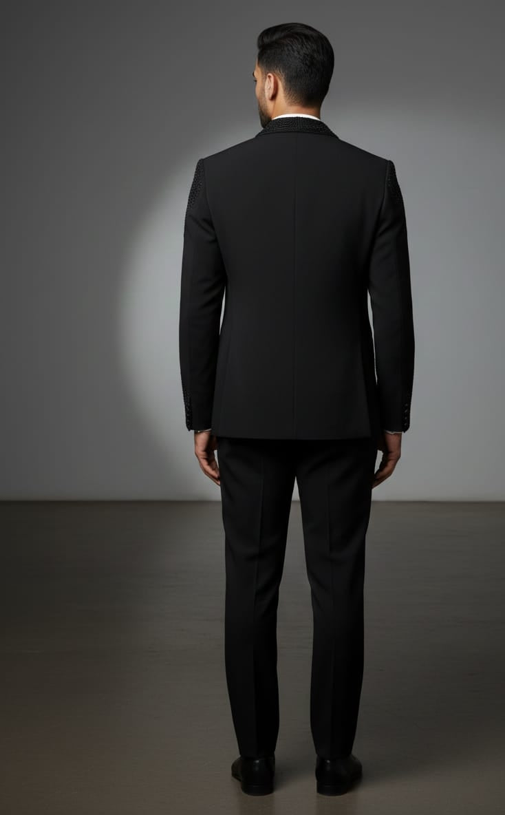 Elegant Black Embroidered Three-Piece Suit for Men