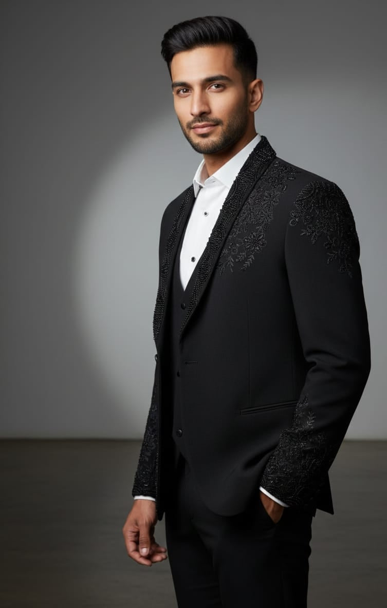 Elegant Black Embroidered Three-Piece Suit for Men