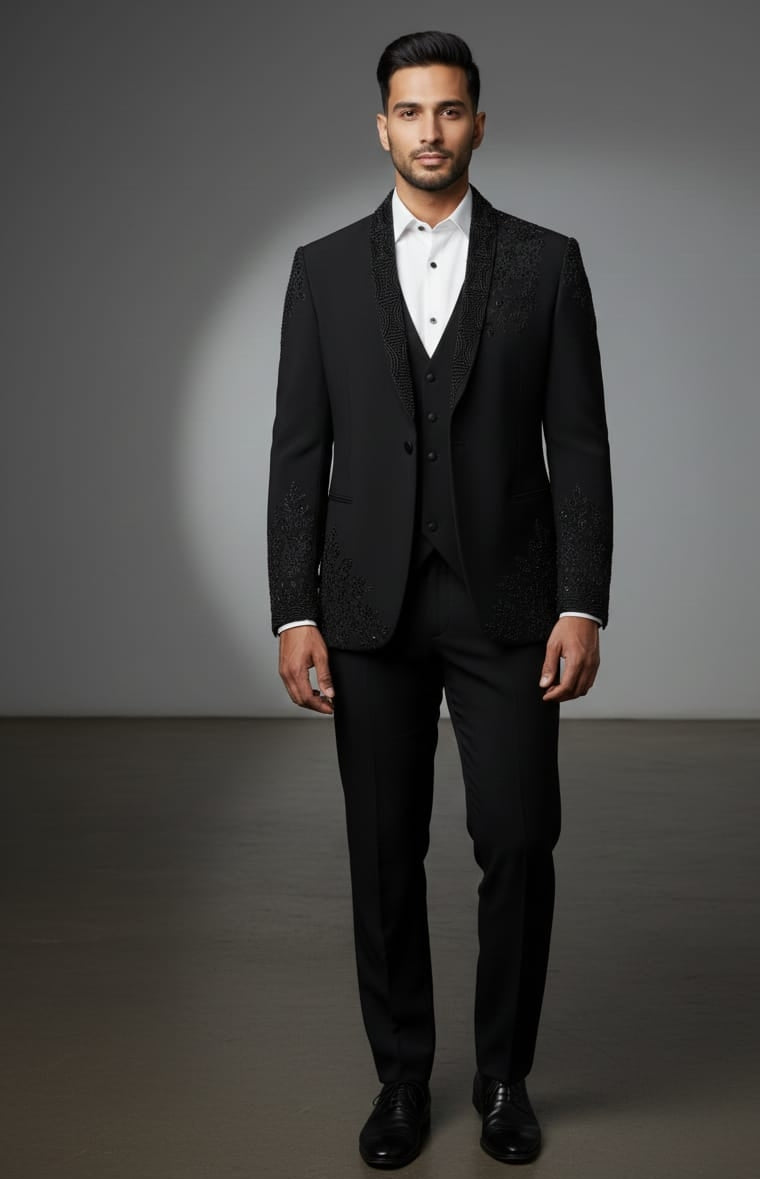 Elegant Black Embroidered Three-Piece Suit for Men