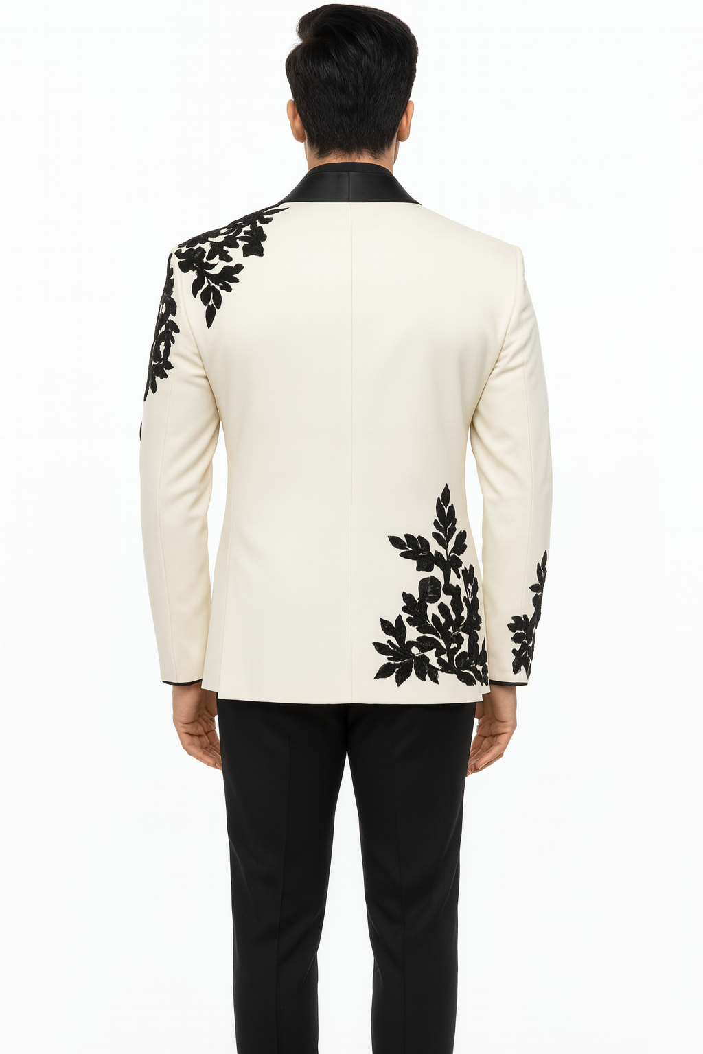 Elegant Ivory Tuxedo with Black Floral Embroidery