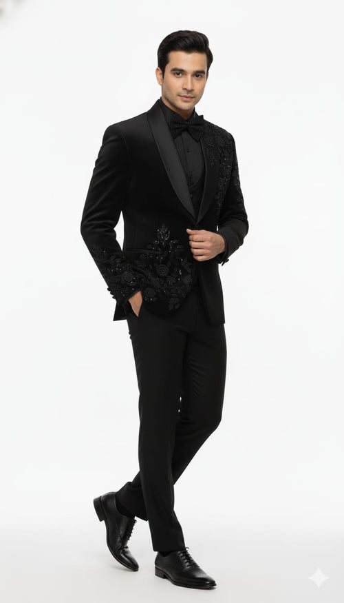 Black Luxury Embroidered Tuxedo with Satin Lapel
