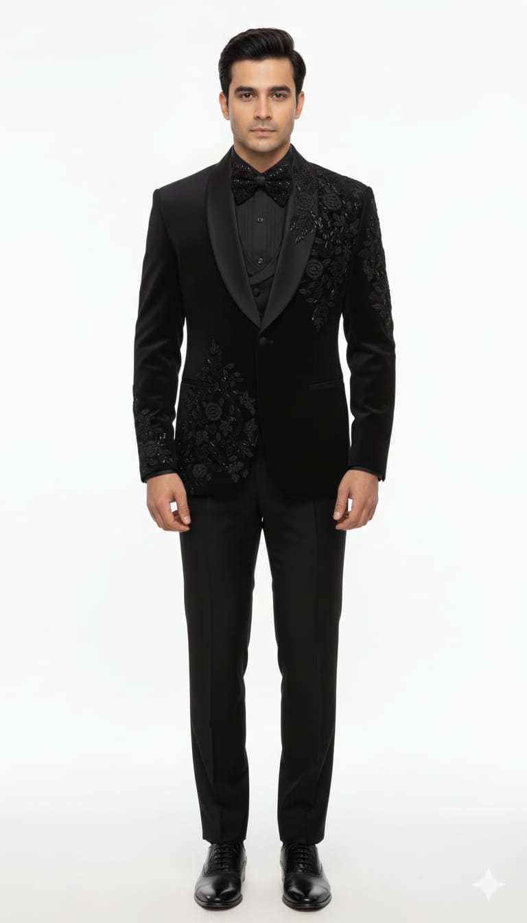 Black Luxury Embroidered Tuxedo with Satin Lapel