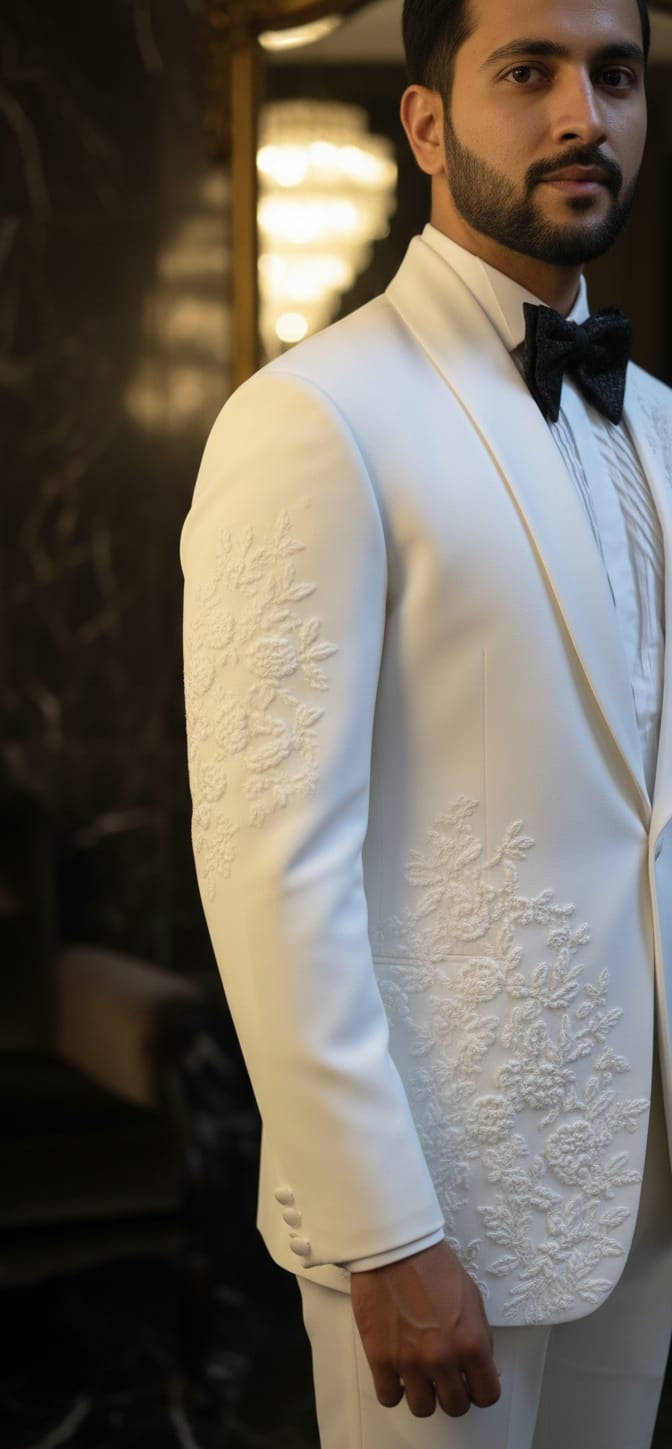Elegant White Embroidered Tuxedo for Groom & Special Occasions