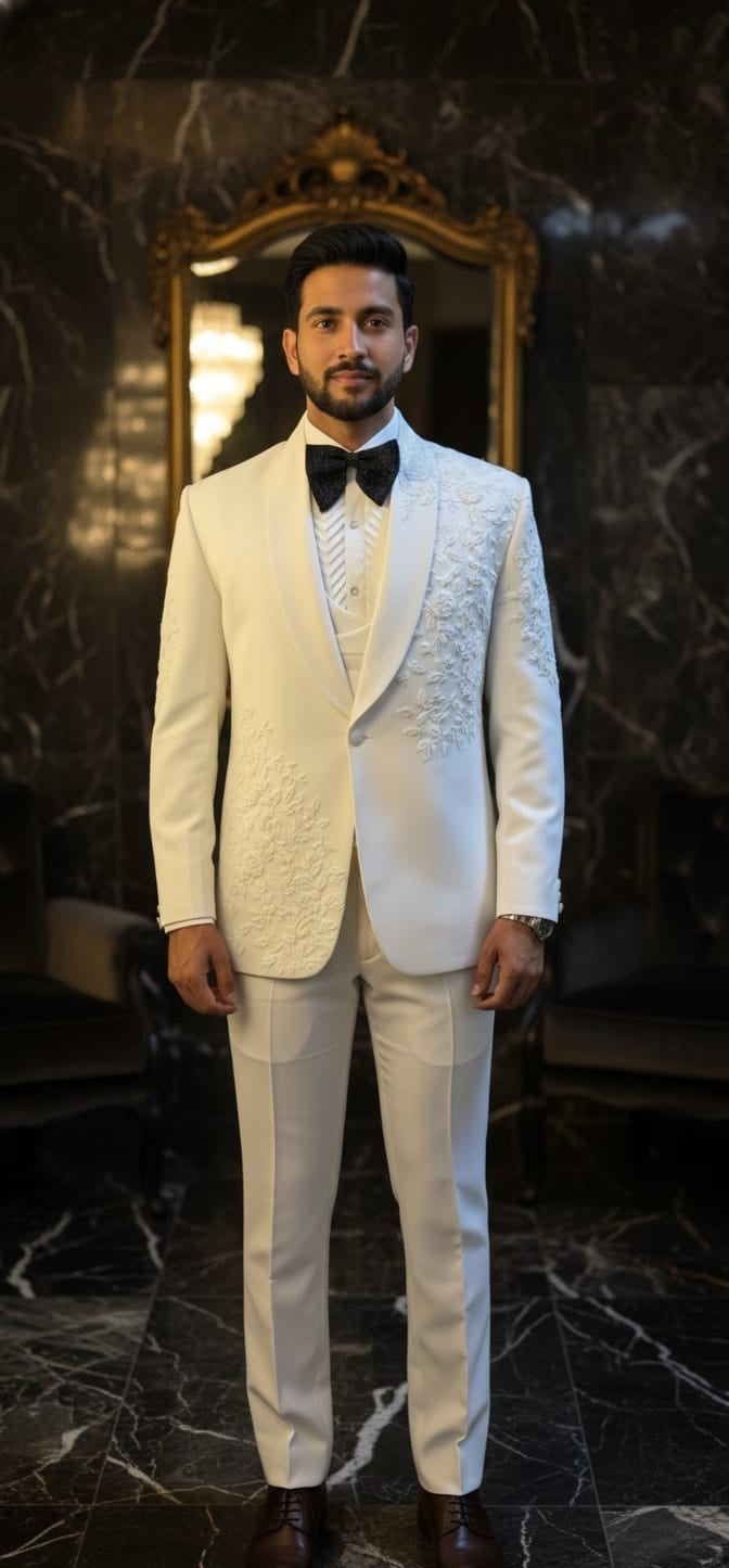 Elegant White Embroidered Tuxedo for Groom & Special Occasions
