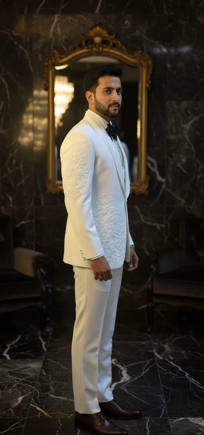 Elegant White Embroidered Tuxedo for Groom & Special Occasions