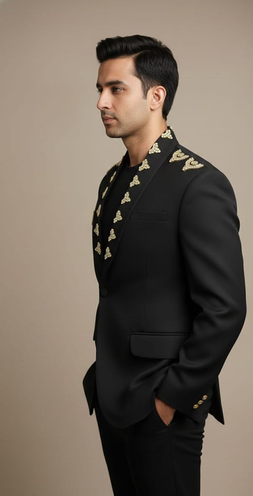 Black Designer Blazer with Golden Embellished Lapel