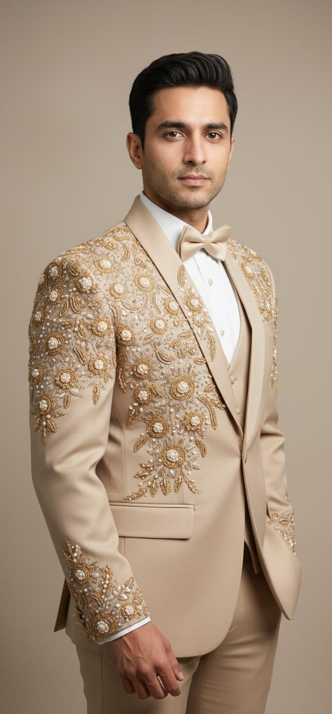 Luxury Beige Embroidered Blazer with Golden Pearl Handwork