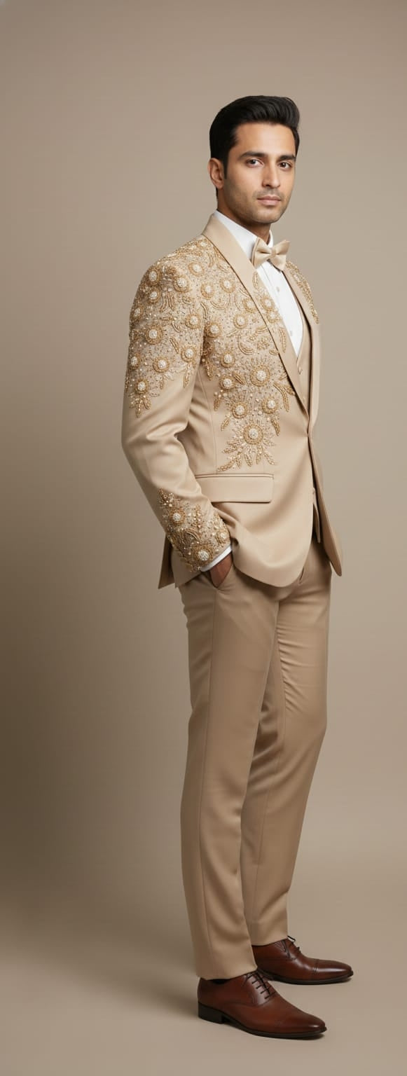 Luxury Beige Embroidered Blazer with Golden Pearl Handwork