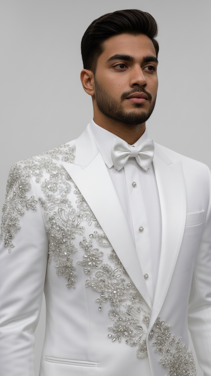Luxury White Embroidered Tuxedo for Groom & Special Events