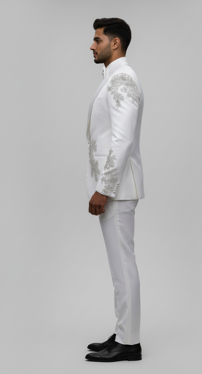 Luxury White Embroidered Tuxedo for Groom & Special Events