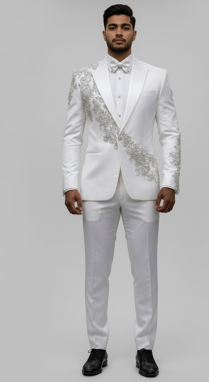 Luxury White Embroidered Tuxedo for Groom & Special Events