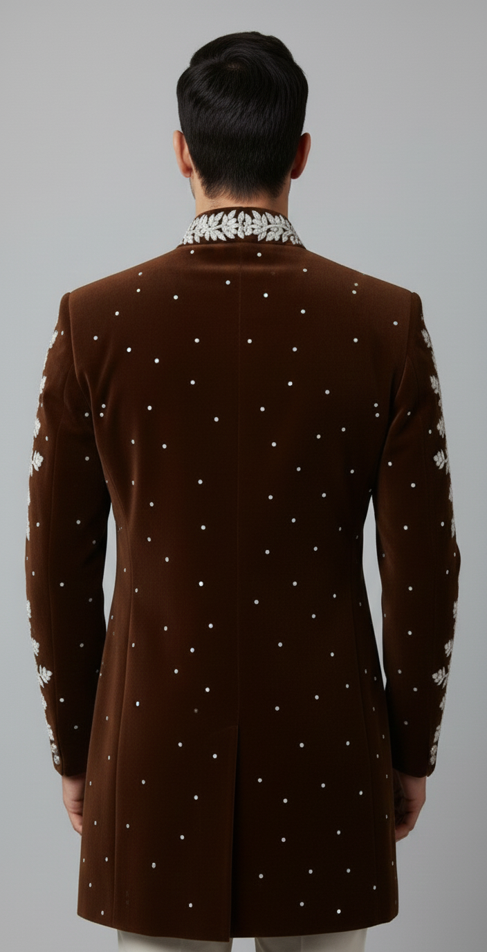 Royal Brown Velvet Sherwani with Silver Thread Floral Detailing