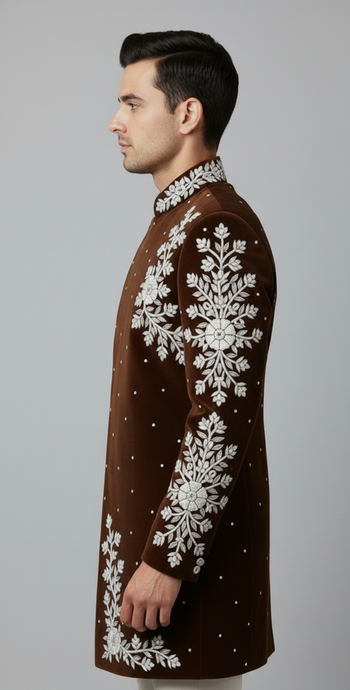 Royal Brown Velvet Sherwani with Silver Thread Floral Detailing