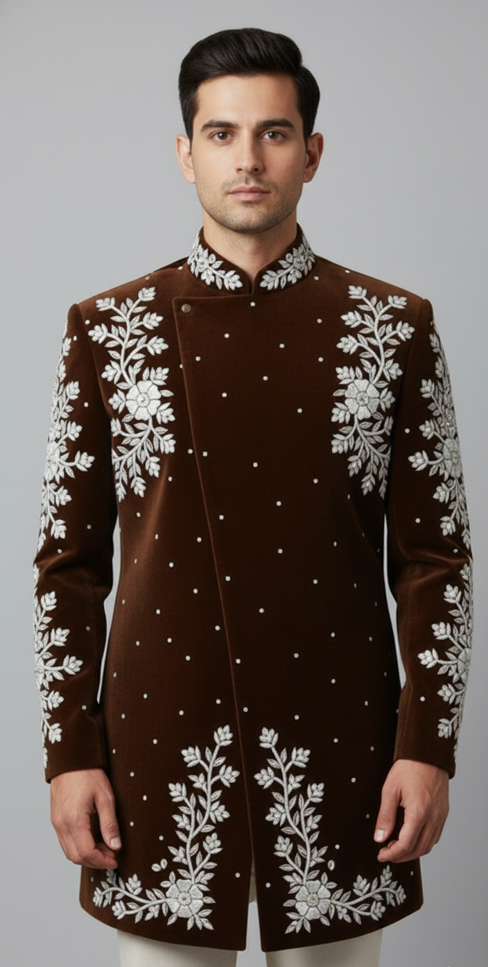 Royal Brown Velvet Sherwani with Silver Thread Floral Detailing