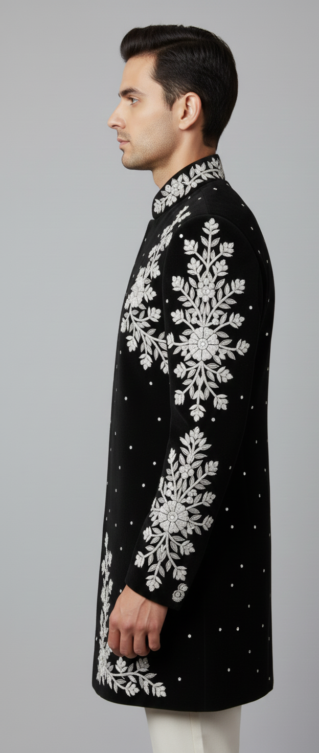 Black Velvet Sherwani with Silver Zari Floral Embroidery