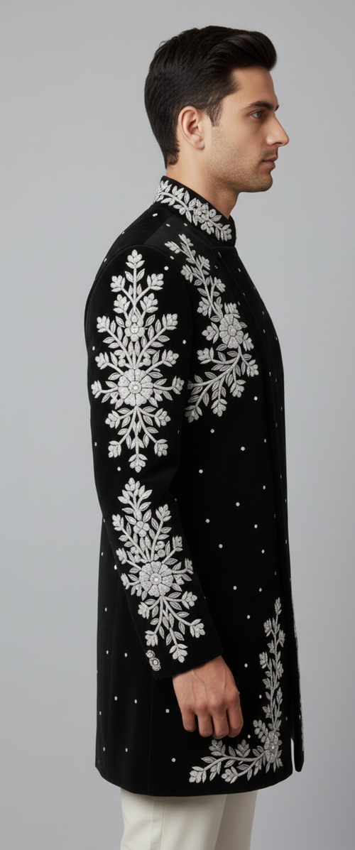 Black Velvet Sherwani with Silver Zari Floral Embroidery
