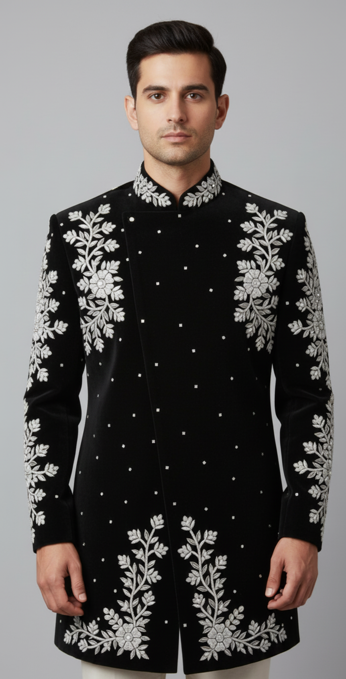Black Velvet Sherwani with Silver Zari Floral Embroidery