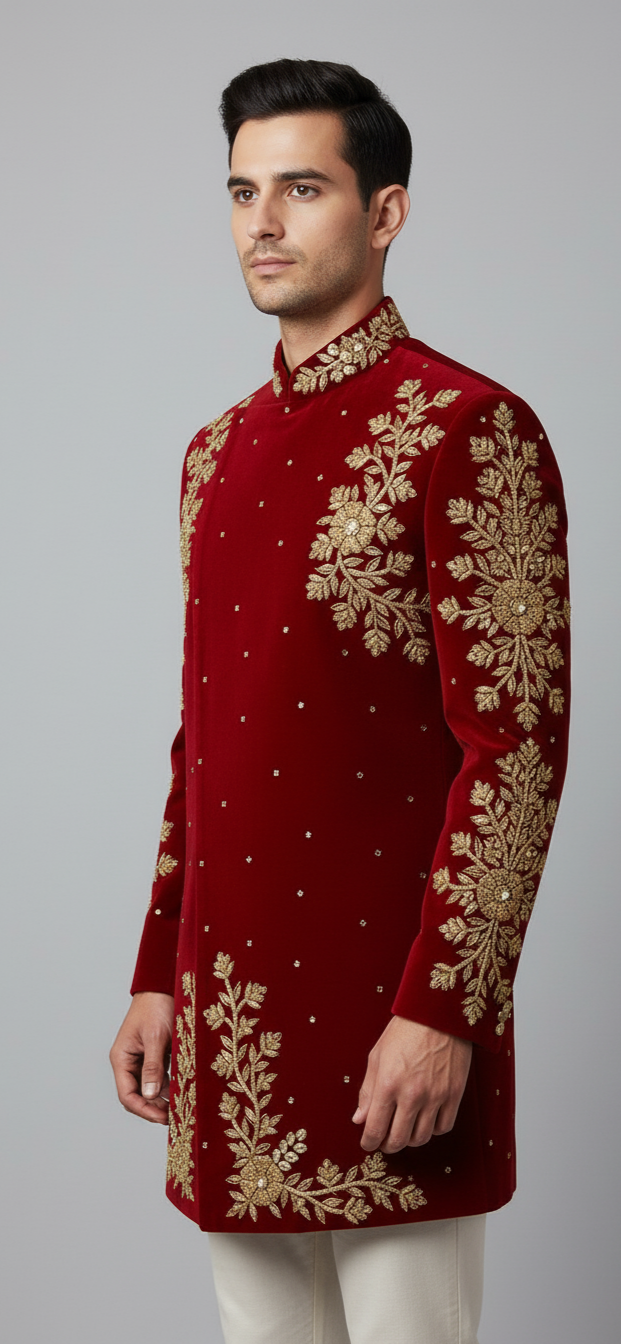 Royal Maroon Velvet Sherwani with Antique Gold Embroidery