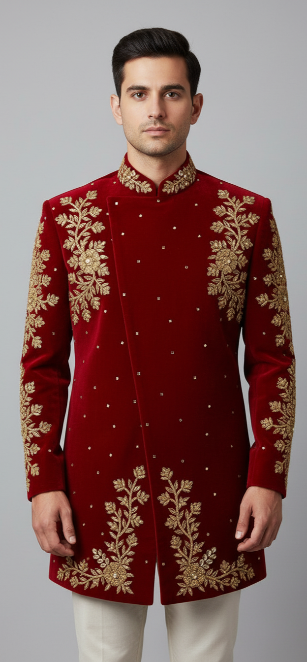 Royal Maroon Velvet Sherwani with Antique Gold Embroidery