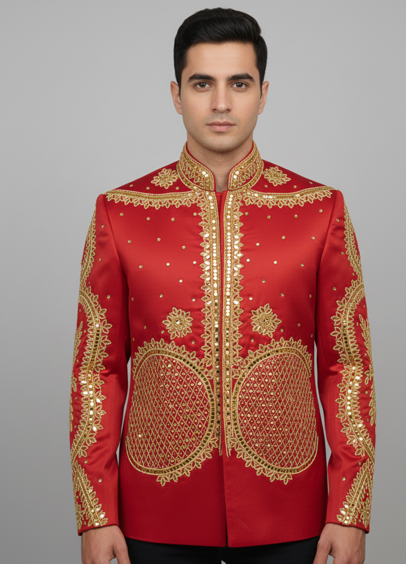 Red Designer Embroidered Jacket Set with Heavy Golden Work