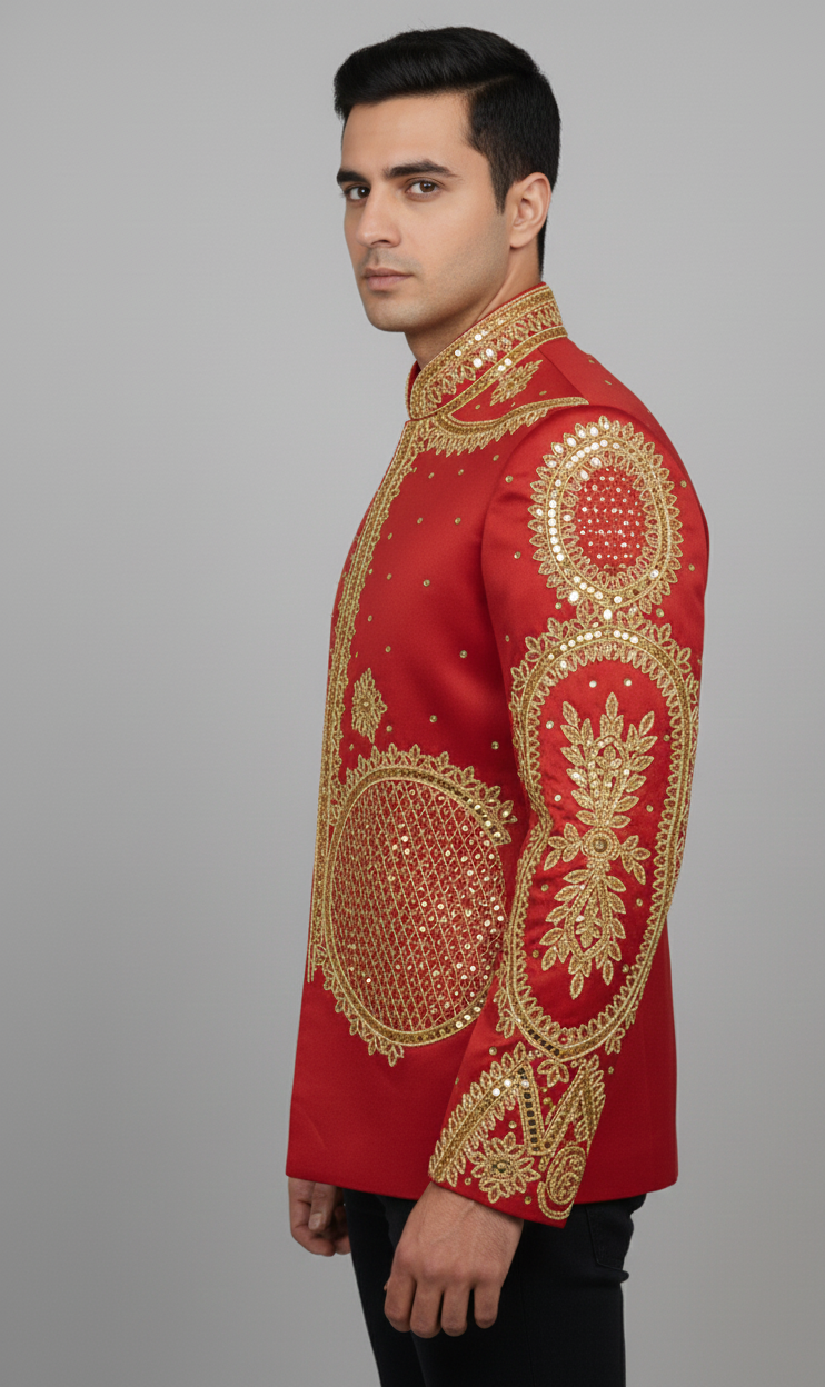 Red Designer Embroidered Jacket Set with Heavy Golden Work