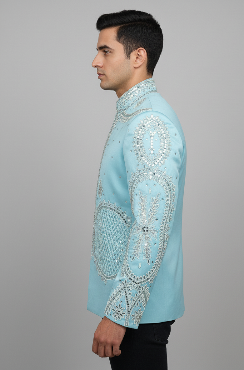 Sky Blue Embroidered Jacket Set with Mirror & Thread Detailing