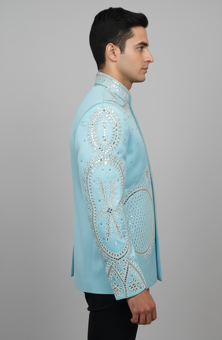Sky Blue Embroidered Jacket Set with Mirror & Thread Detailing
