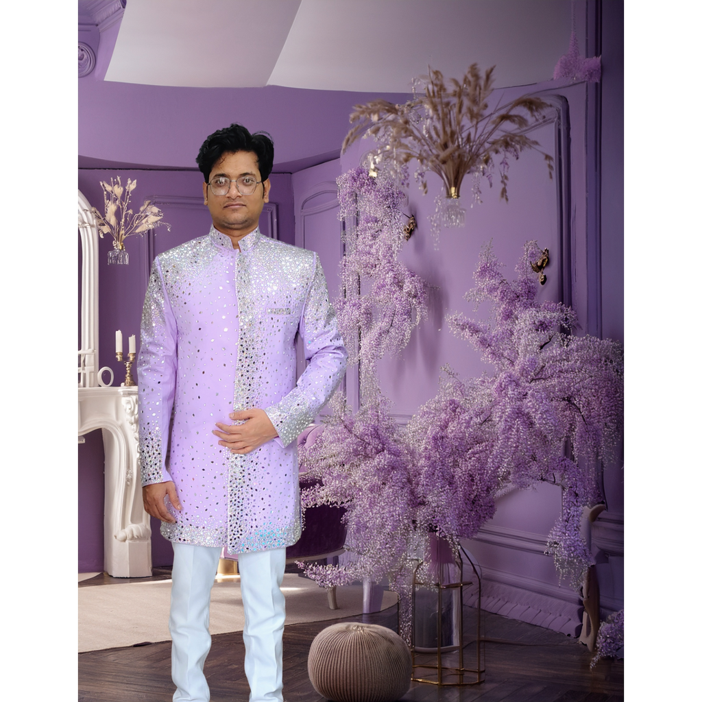 Purple sherwani with stone and beads work