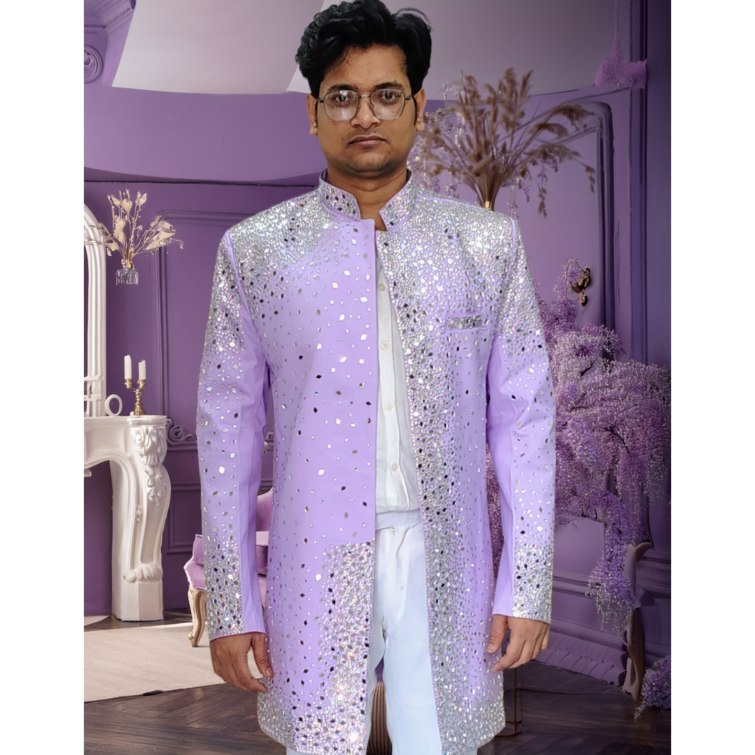 Purple sherwani with stone and beads work
