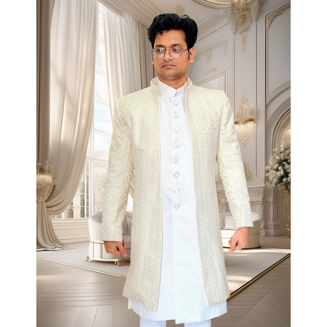 Off white Indo western sherwani 2 piece set