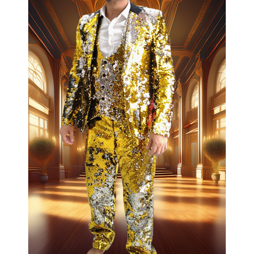 Golden sequence blazer trauser waist coat 3 piece suites set