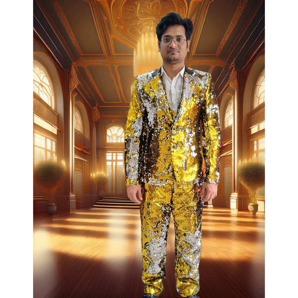 Golden sequence blazer trauser waist coat 3 piece suites set