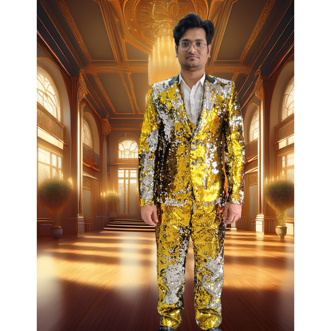 Golden sequence blazer trauser waist coat 3 piece suites set