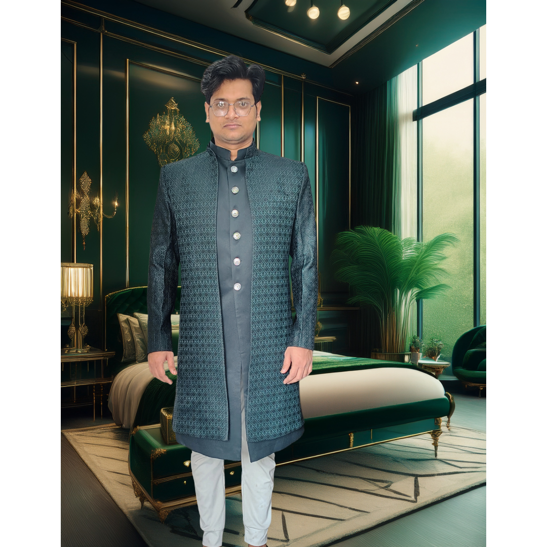 Dark green indo western sherwani 2 pice set