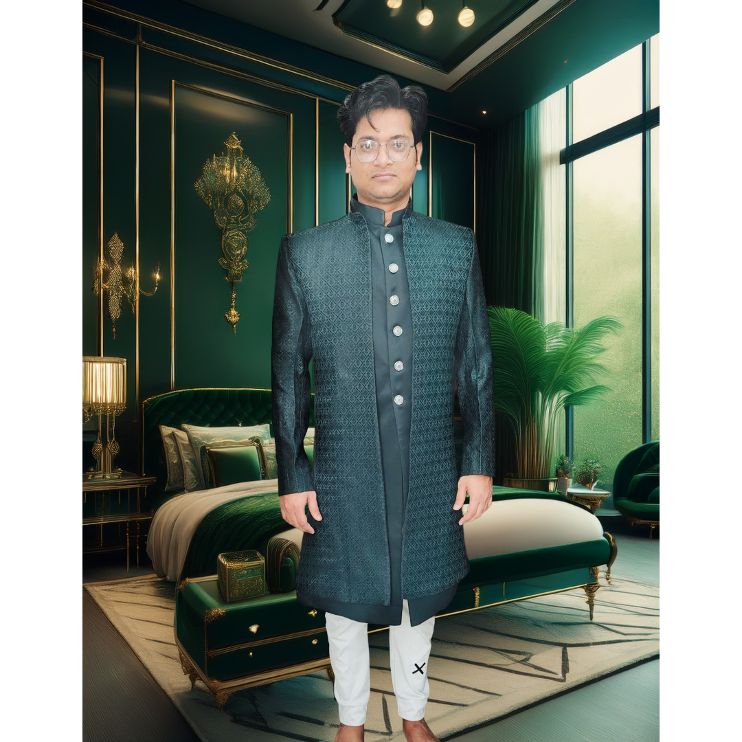 Dark green indo western sherwani 2 pice set