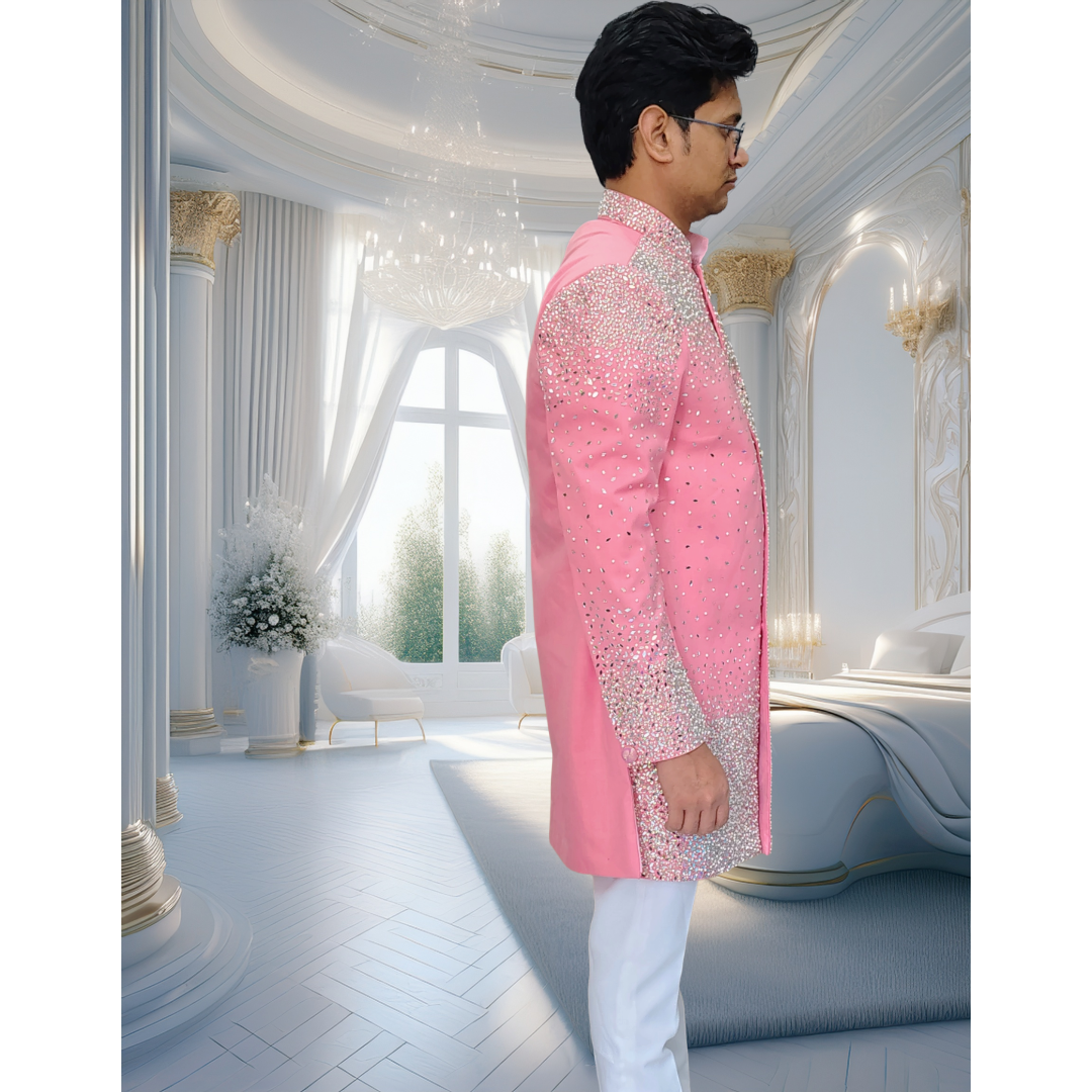 Pink sherwani with stone and beads work
