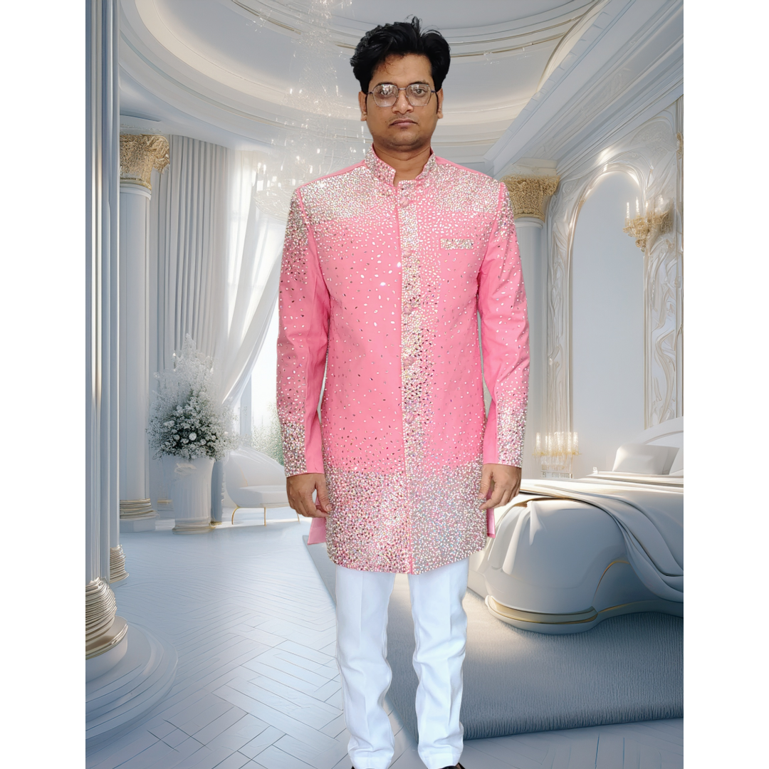 Pink sherwani with stone and beads work