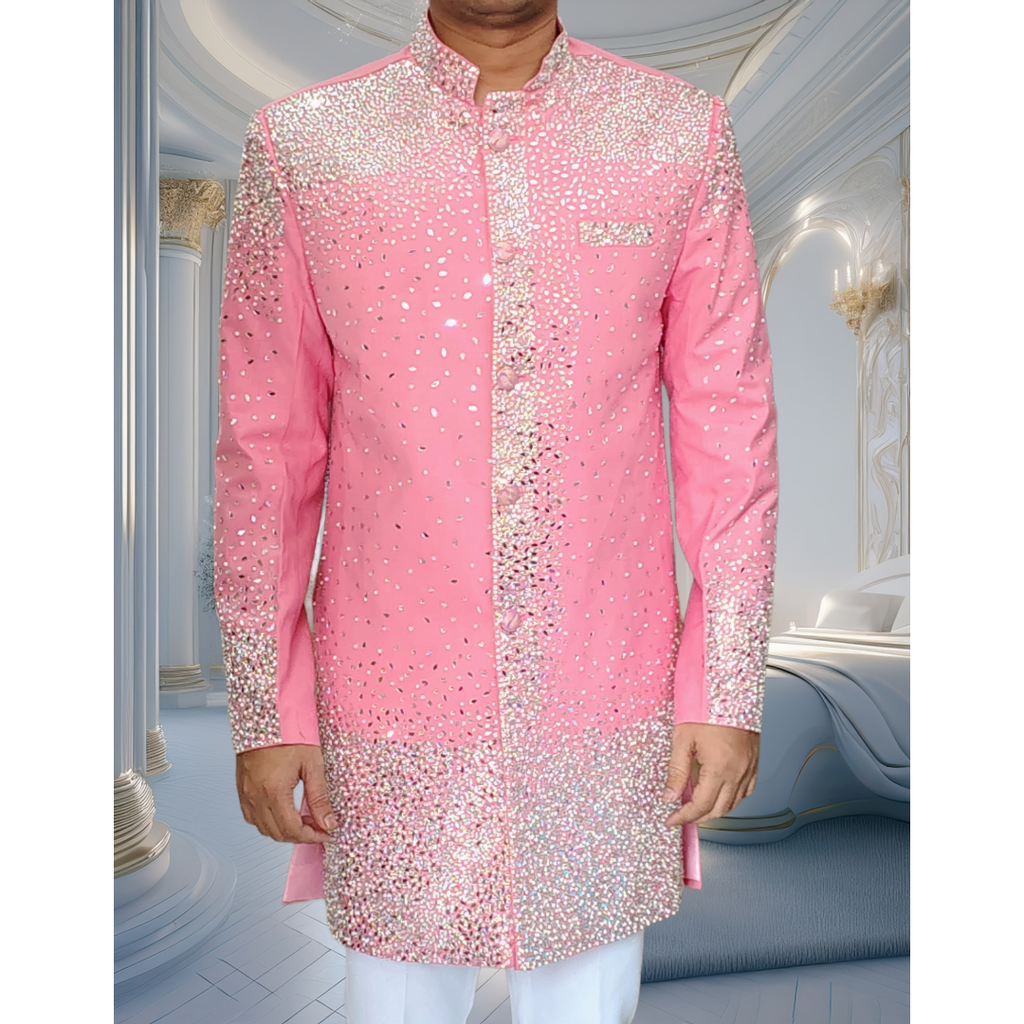 Pink sherwani with stone and beads work