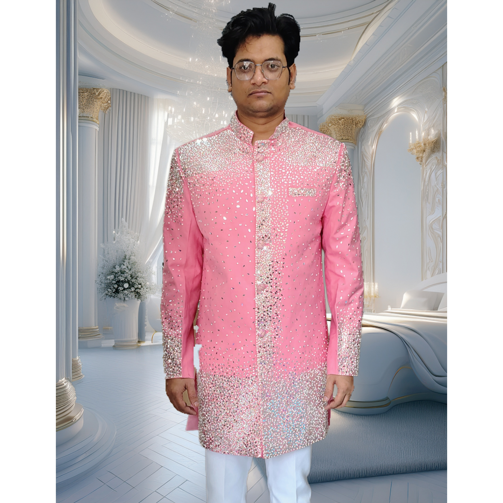 Pink sherwani with stone and beads work