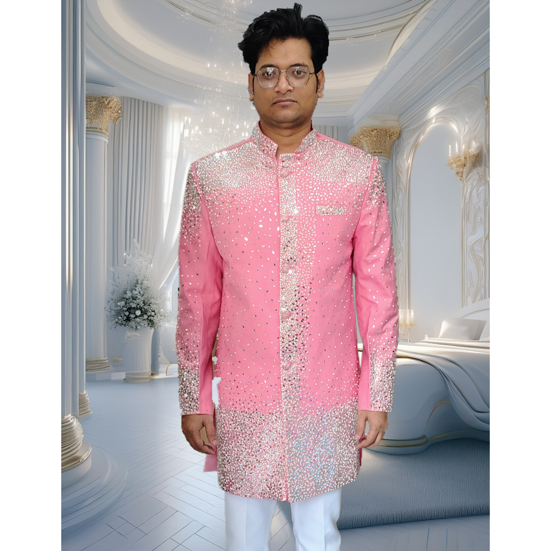 Pink sherwani with stone and beads work