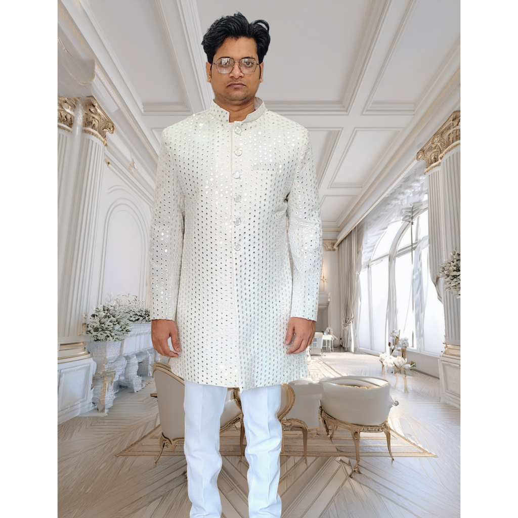 White mirror sequence sherwani