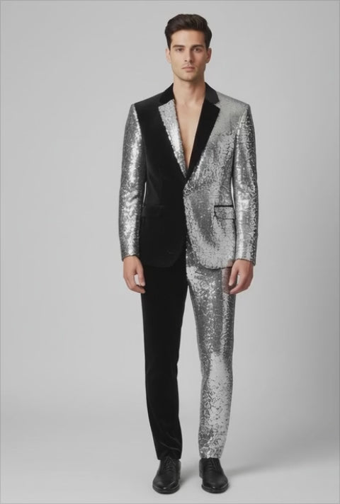 Half-Black Half-Silver Sequin Party Suit for Men