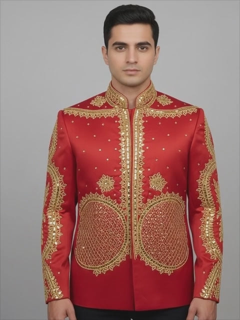 Red Designer Embroidered Jacket Set with Heavy Golden Work