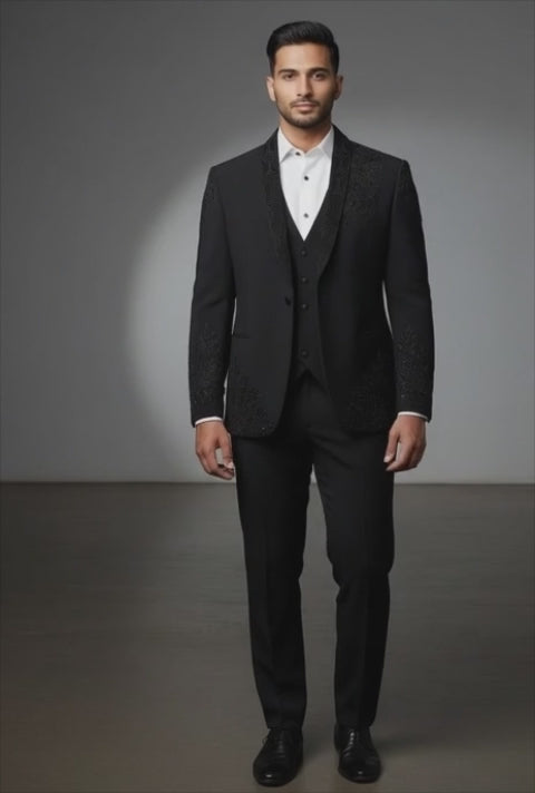 Elegant Black Embroidered Three-Piece Suit for Men