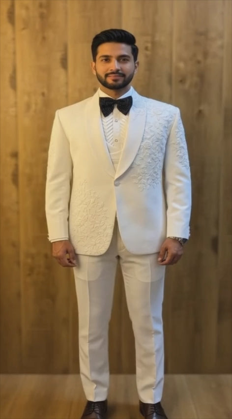 Elegant White Embroidered Tuxedo for Groom & Special Occasions