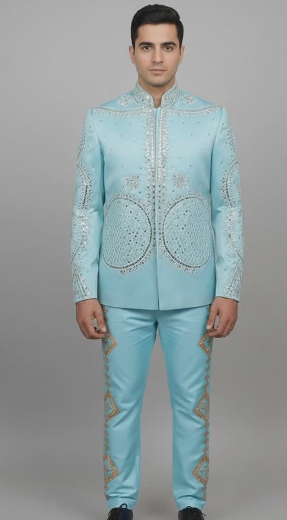 Sky Blue Embroidered Jacket Set with Mirror & Thread Detailing